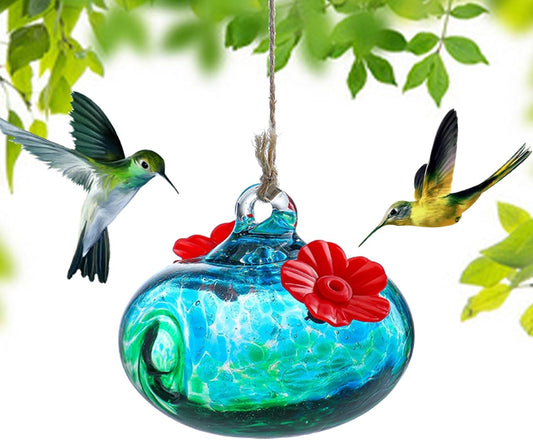 Blown Glass Hummingbird Feeders for Outdoors Small Glass Hummingbird Feeders to Attract Hummingbirds Ant and Bee Resistant Round Feeder Unique Gifts for Woman - 2 Feeding Ports