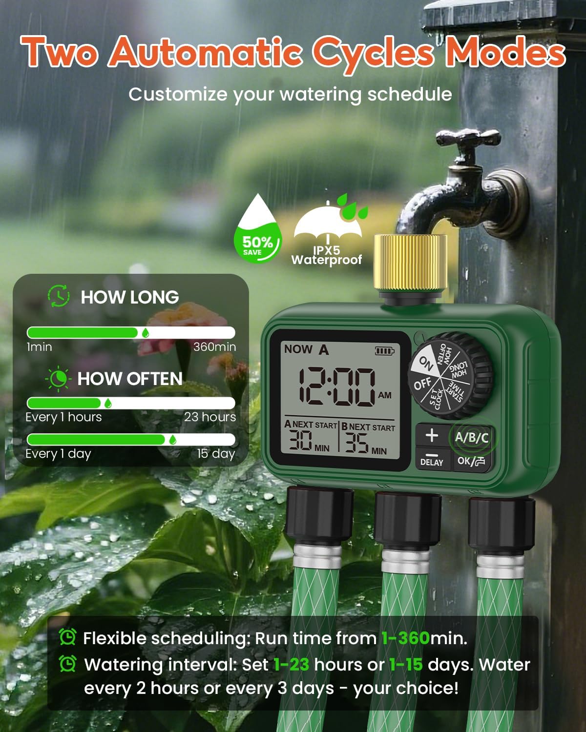 3 Outlet Sprinkler Timer Brass, XinFuture Programmable Water Sprinkler Controller for Yard, Lawn & Greenhouse, Automatic/Manual/Rain Delay Mode, Compatible with Drip Irrigation Systems
