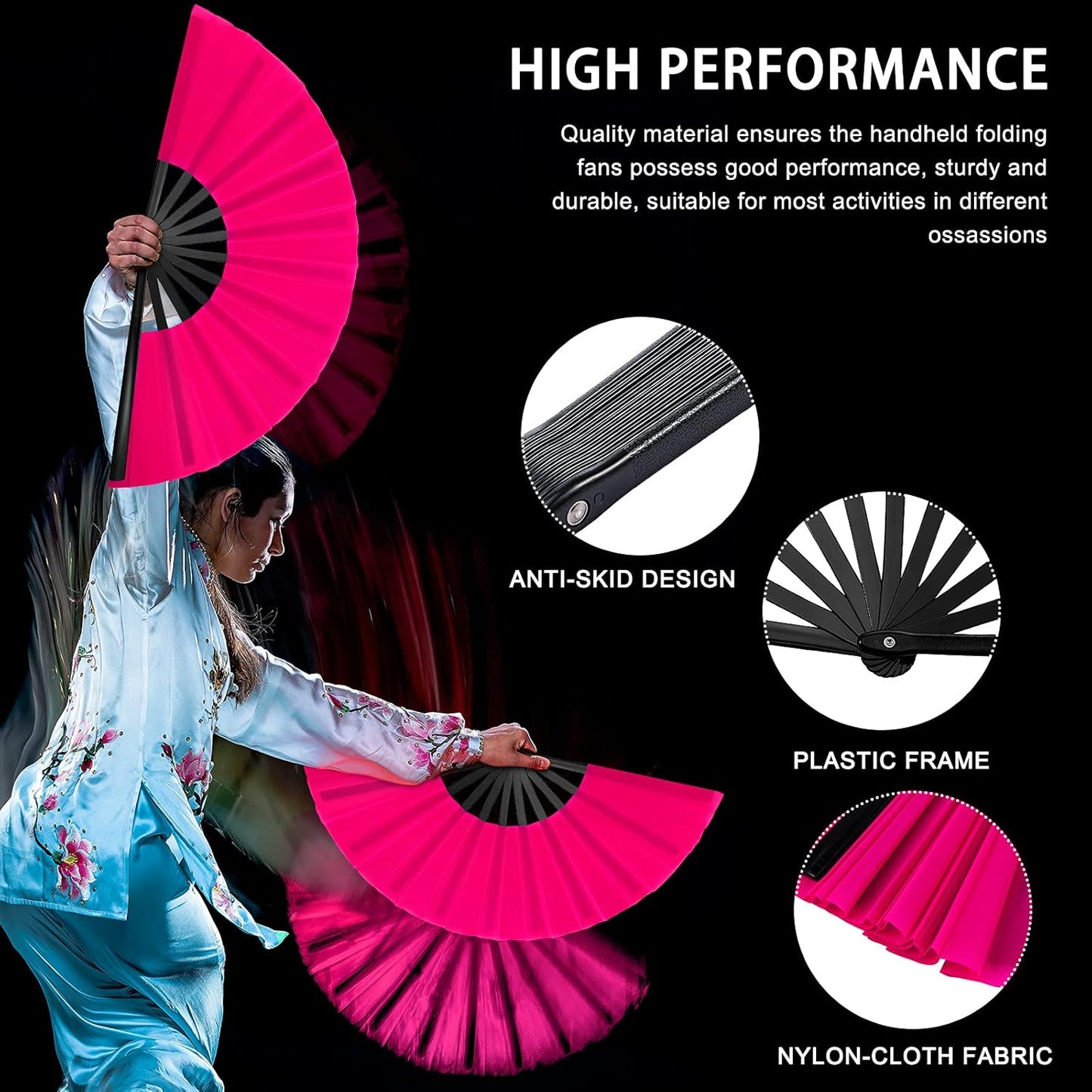 Blulu 4 Pcs 13 Inch Large Folding Hand Fans for Line Dancing Big Clapping Popping Raves Fans Bulk for Dancing Boots on The Ground Festival Party Decoration(Classic Style, Rose Red, Black)