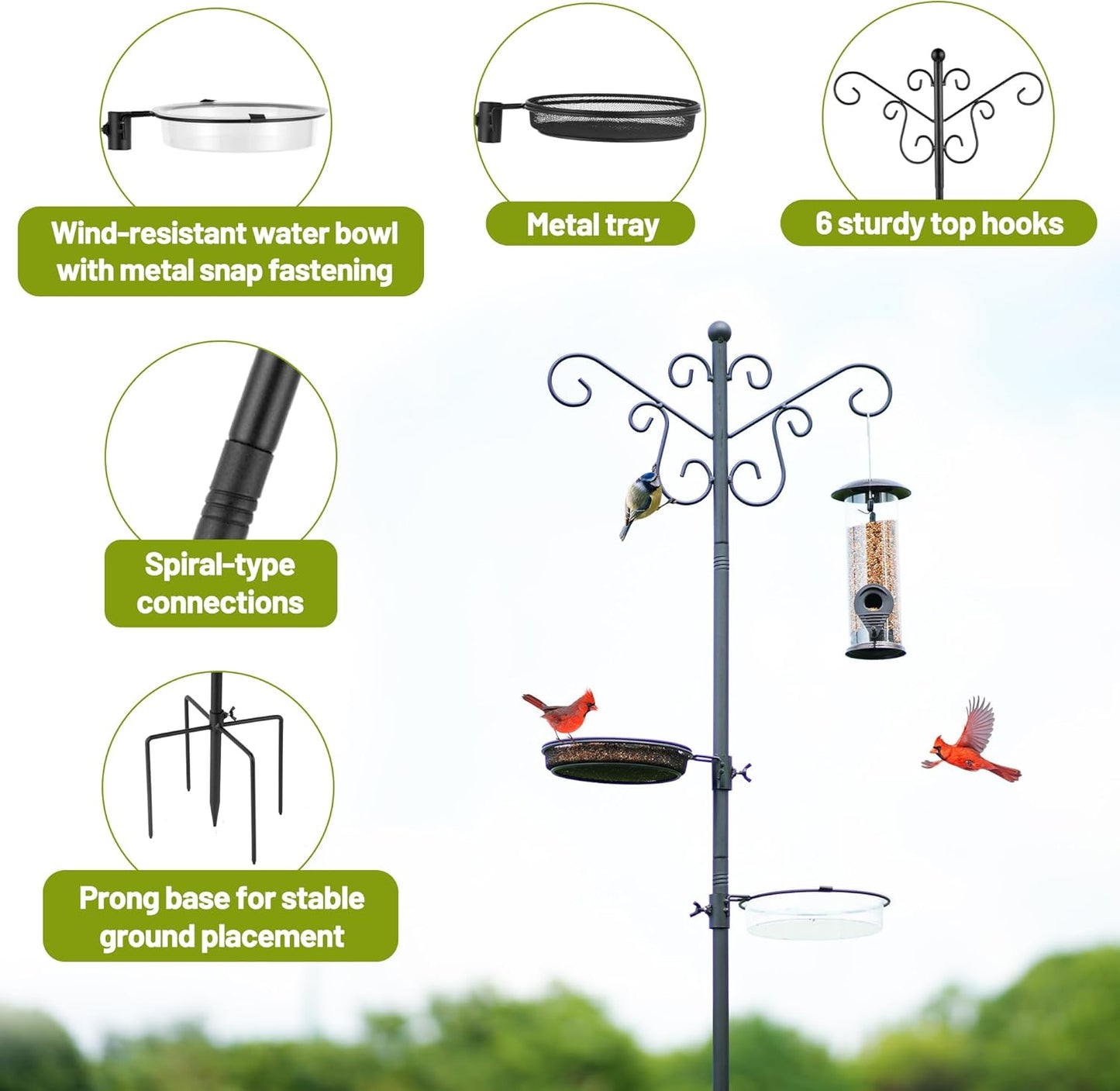 MIXXIDEA Bird Feeding Station Bird Feeder Pole with 5-Prong Base Hanging Hooks Water Bath Mesh Tray Wind-Resistant Water Bowl with Metal Snap Fastening for Outdoors to Attract Wild Birds