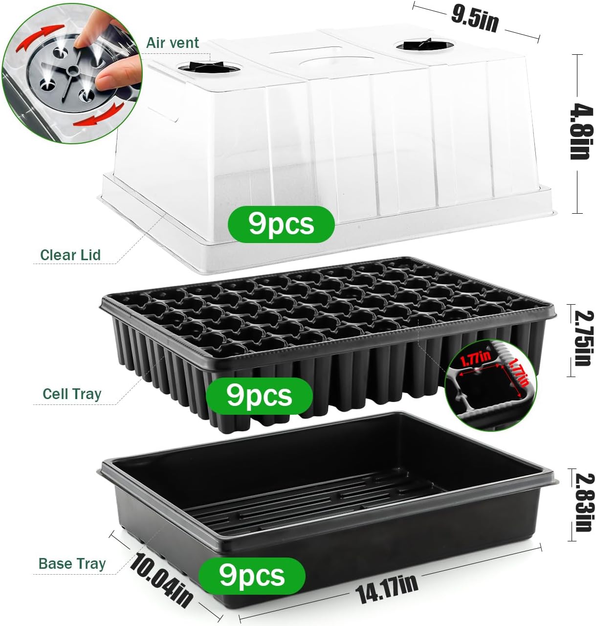 9pack Seed Starter Tray with Tall 5'' Dome-Thick Plastic Deep Cell Large Plant Germination Trays, Heavy Duty Seed Starting Kit, 486 Cells Plant Seedling Tray for Balcony Greenhouse (54 Cells per Tray)