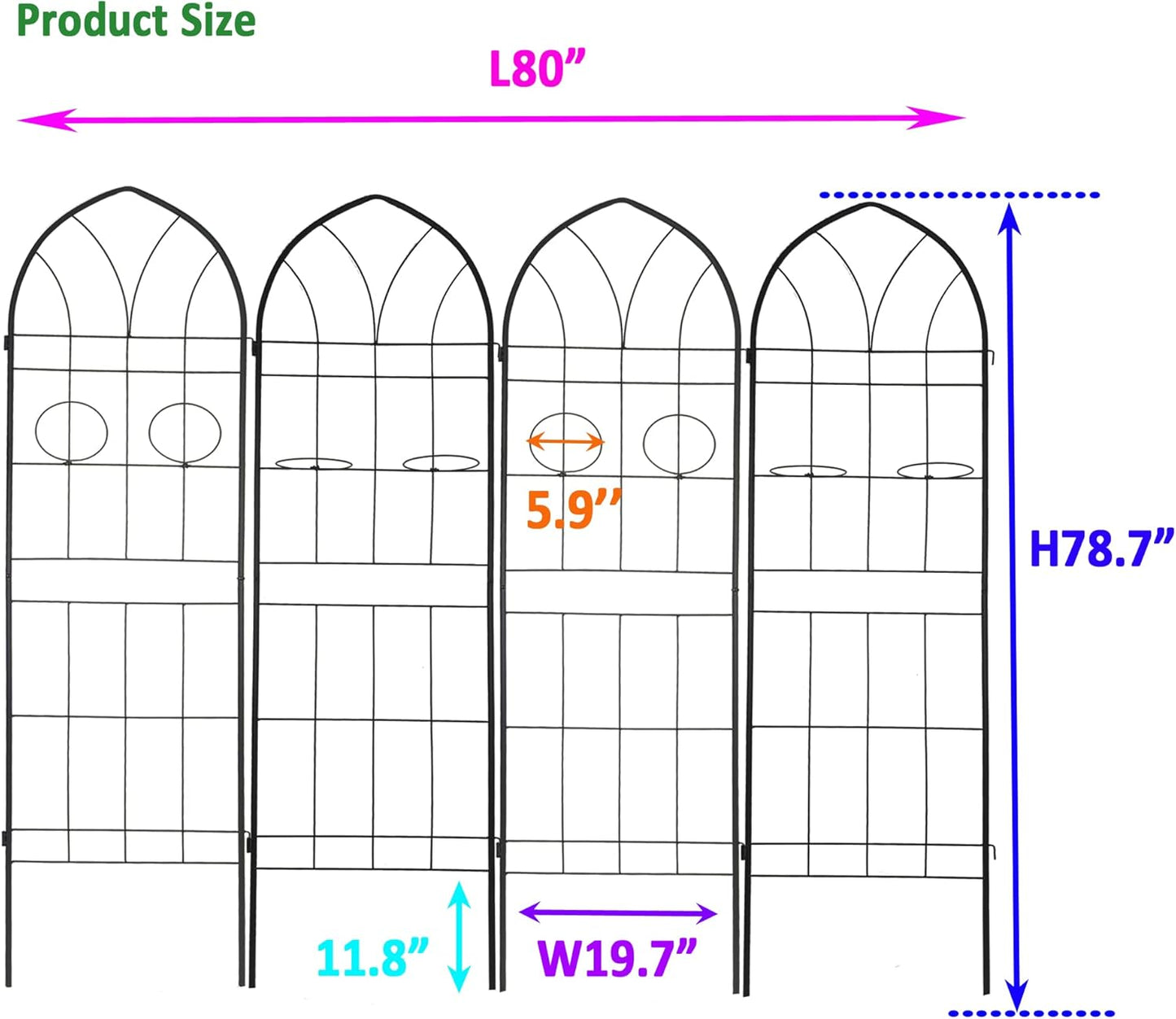 4 Pack Metal Garden Trellis 78.7" H Garden Fence Rustproof Trellis for Climbing Plants Support Roses Flower Outdoor Lawn Black