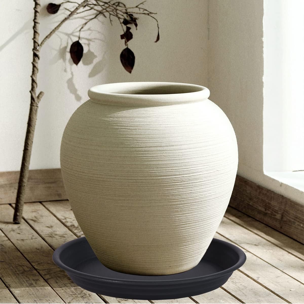 2 Pack of 15 16 inch Plant Saucer (14 inch Base), Bird Bath Bowls, Plastic Flower Planter Saucers and Drip Trays for Indoors Outdoors, Heavy Durable Plant Plate Water Catcher (16", Black)