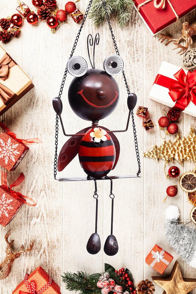 GDF Solar Lady Bugs Swing Metal Ladybug Hanging Animal Garden Decor Waterproof Solar Lights Decorative Outdoor Lights for Outside Patio Balcony Pathway Lawn Yard,Gifts for Her/Him