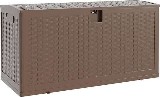 73Gallon Brown Resin Deck Box, Outdoor Storage Box Waterproof Lockable, Patio Deck Box For Package Delivery, Outside Storage Box Container for Furniture Cushions, Garden Tools, Pool Accessories