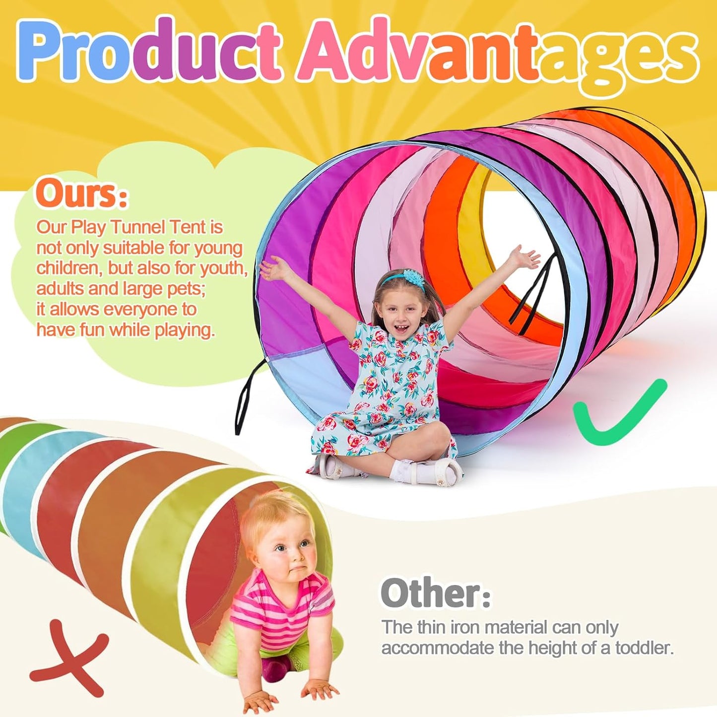 27.6 Inch Large Play Tunnel for Kids Pop Up Play Tunnel Tent Colorful Crawl Tunnel for Toddlers Babies Children or Dogs, Collapsible Gift for Boy Girl Tunnel Toys Indoor Outdoor(1 Pcs)