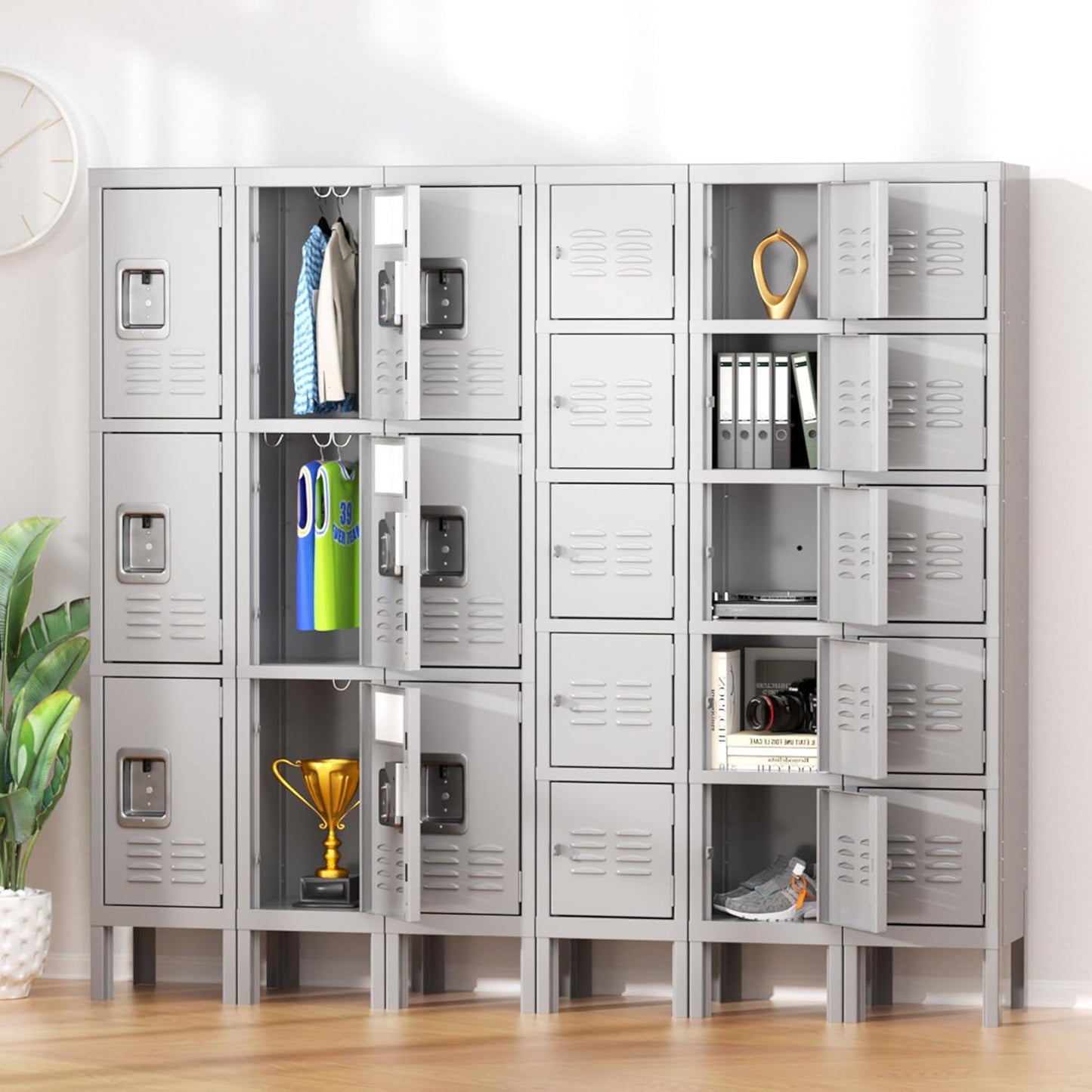 Greenvelly Metal Locker for School Office Gym Metal Storage Locker Cabinet for Employees Students Steel Locker Triple Tier with 3 Door Grey