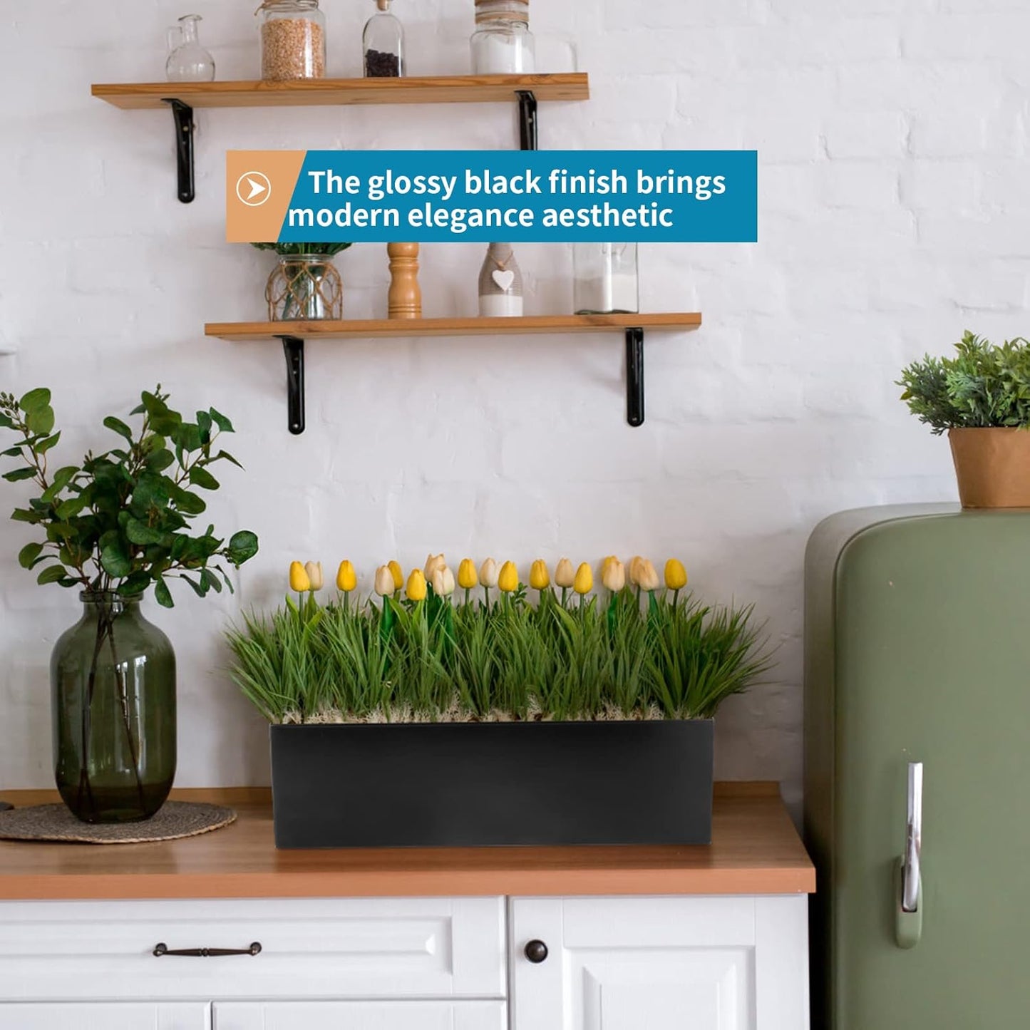 17" Large Stainless Steel Planter Box with Drain Holes and Water Reservoir, Rectangle Succulent Trough Planter Pot for Indoor Outdoor Windowsill, Table Decor (Black)