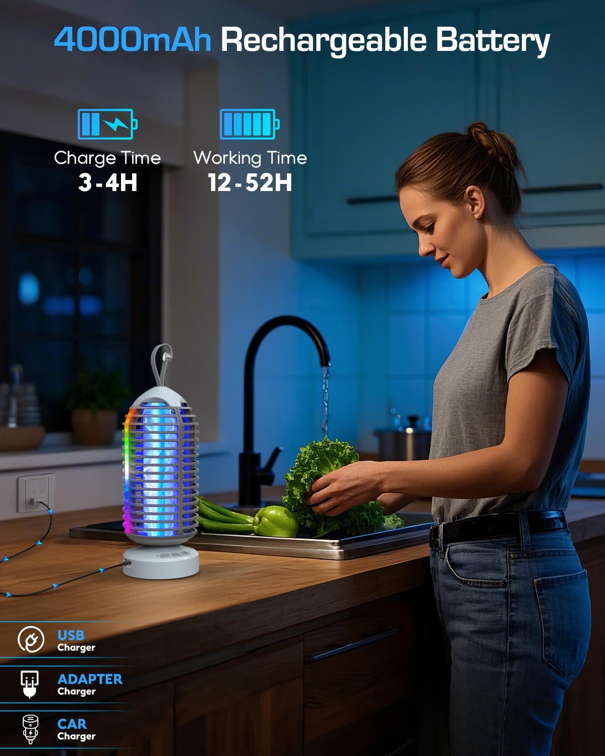 Bug Zapper Outdoor with Marquee Light, Cordless Mosquito Zapper, 4000mAh Rechargeable Electric Bug Zapper Indoor, Auto On/Off Waterproof Mosquito Trap Fly Zapper for Patio Backyard Kitchen Camping