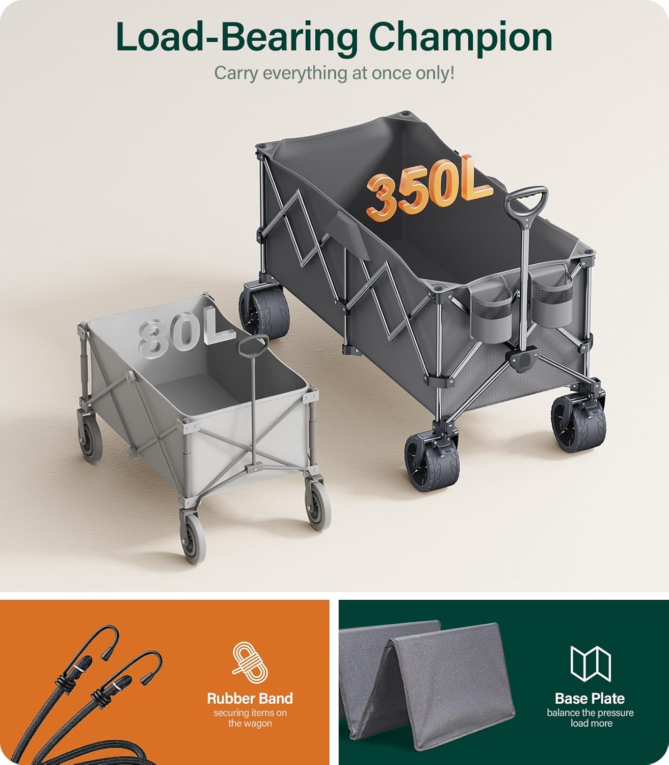 440Lbs Collapsible Wagon Cart with Big Wheels,Utility Wagons with Weight Capacity,Heavy Duty Wagon with Excellent Steering,Ideal for Camping,Gargen,Transport,Outdoor Sports