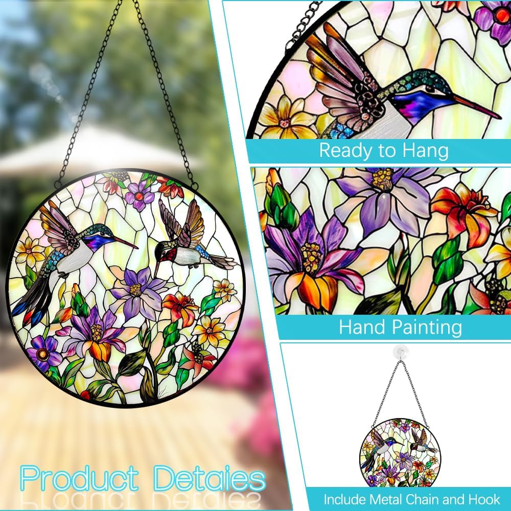 Hummingbird Sun Catcher Stained Glass Window Hanging - Wildflower and Bird Suncatchers for Windows Stained Glass Suncatcher - Sun Catchers Indoor Wall Art Home Decor Gift for Women Mom Bird Lovers