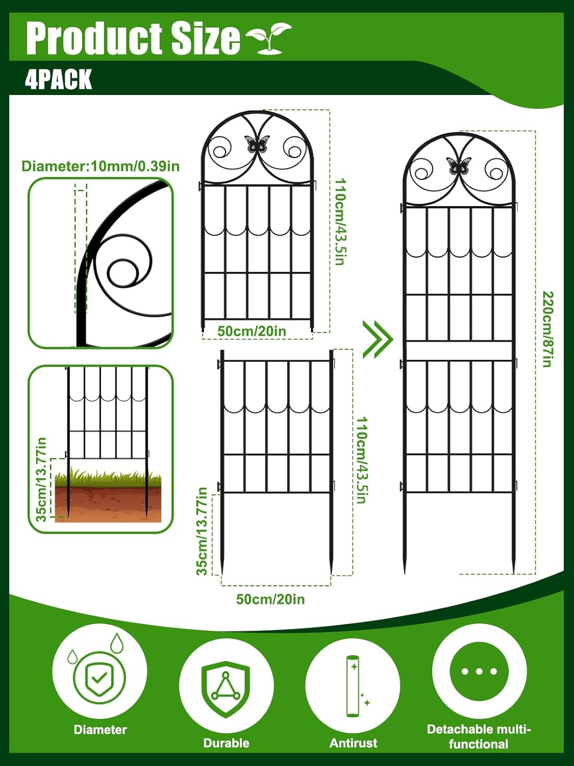 87”H Metal Garden Trellis for Climbing Plants Outdoor, Kalolary 4PCS Garden Fence Rustproof Vine Screen Trellis Frame Grow Support Decorative Outdoor Trellis for Fruits Vegetable Flowers Potted Plant