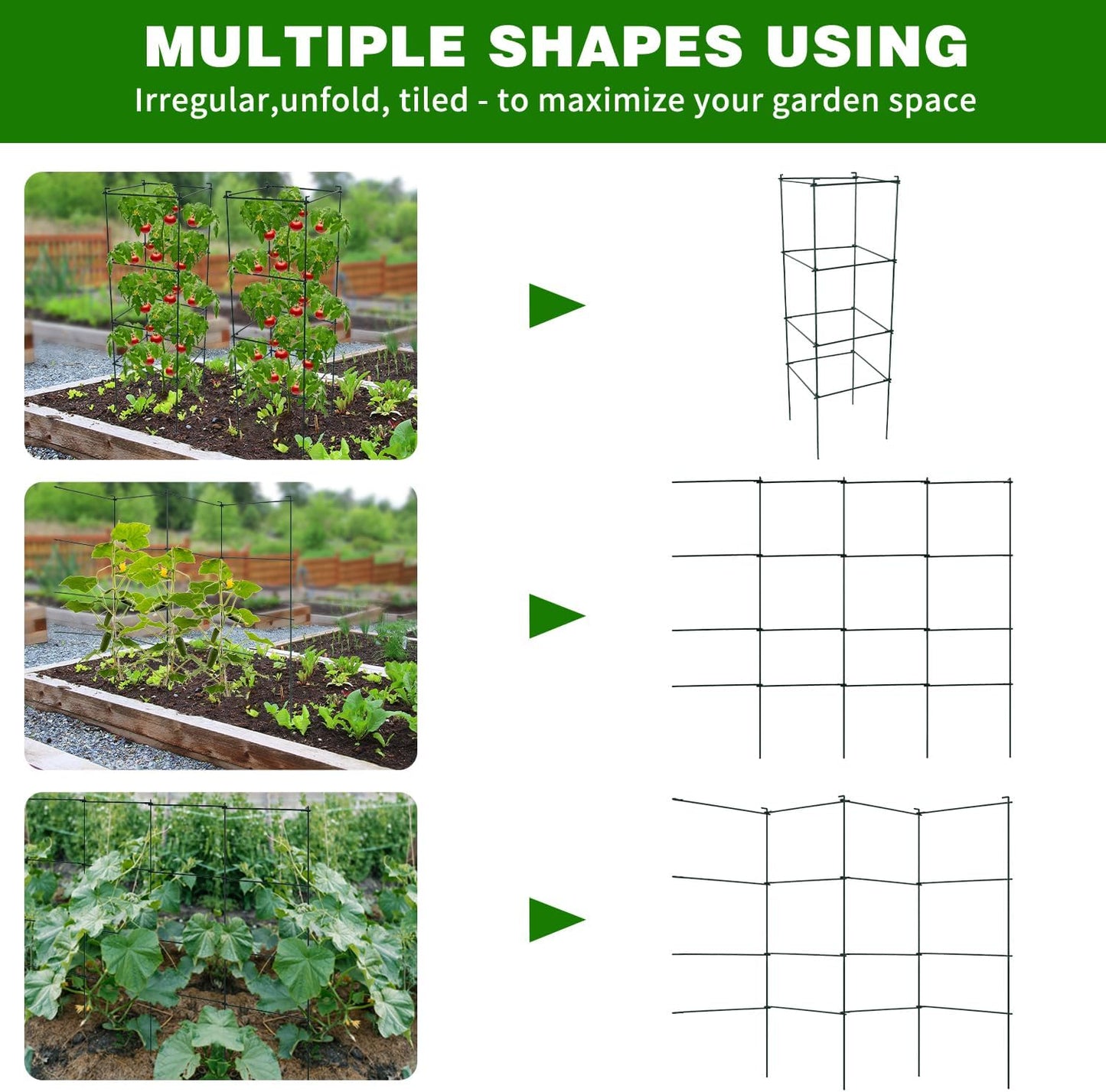 6 Packs Tomato Cages for Garden, 12"×12"×39" Plant Support Cage with Different Spacing, Green Metal Trellis for Climbing Plants Like Cucumber, Flowers