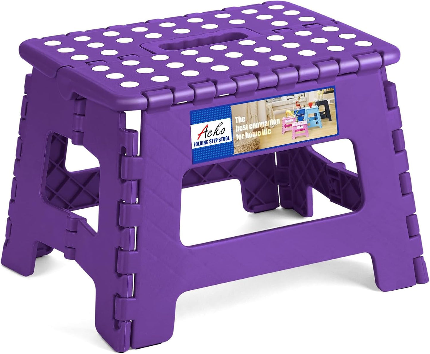 ACKO Folding Step Stool 9 Inch 300 lb Capacity, Plastic Foldable Step Stools for Kids and Adults, Folding Stools Suitable for Kitchen, Stepping Stool with Handle Purple 1PC