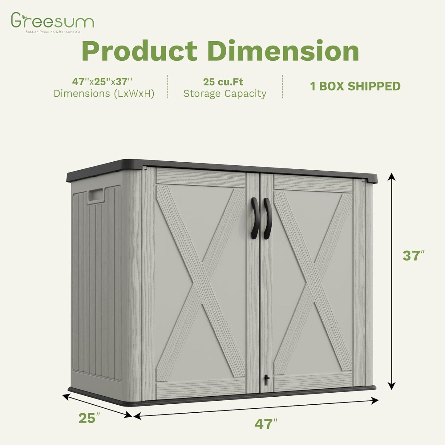 Greesum Outdoor Storage Cabinet, 25 Cu.Ft Deck Box Without Shelves, Waterproof Plastic Storage Bin for Patio Cushions, Gardening Tools, Lockable and Sidehandles, UV Resistant, Beige