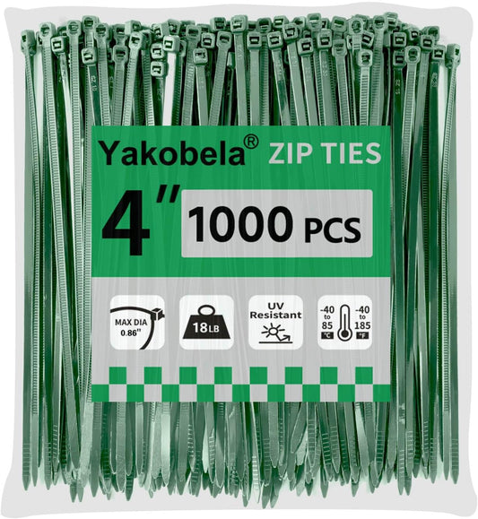 Green Zip Ties 4", 1000 Pack, Cable Ties UV Resistant, Wire Ties 18 lbs Tensile Strength for Garden, Plants, Fence, Holiday Lights, Yakobela