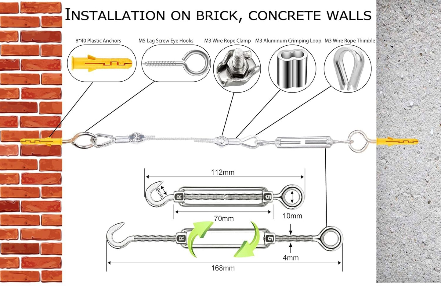 1/8" Stainless Steel Cable,1/8" Wire Rope,M5 Turnbuckle Kit,165FT Wire Tensioner for String Light Hanging Kit,Aircraft Cable,Guy Wire,Stainless Steel Wire Rope Kit