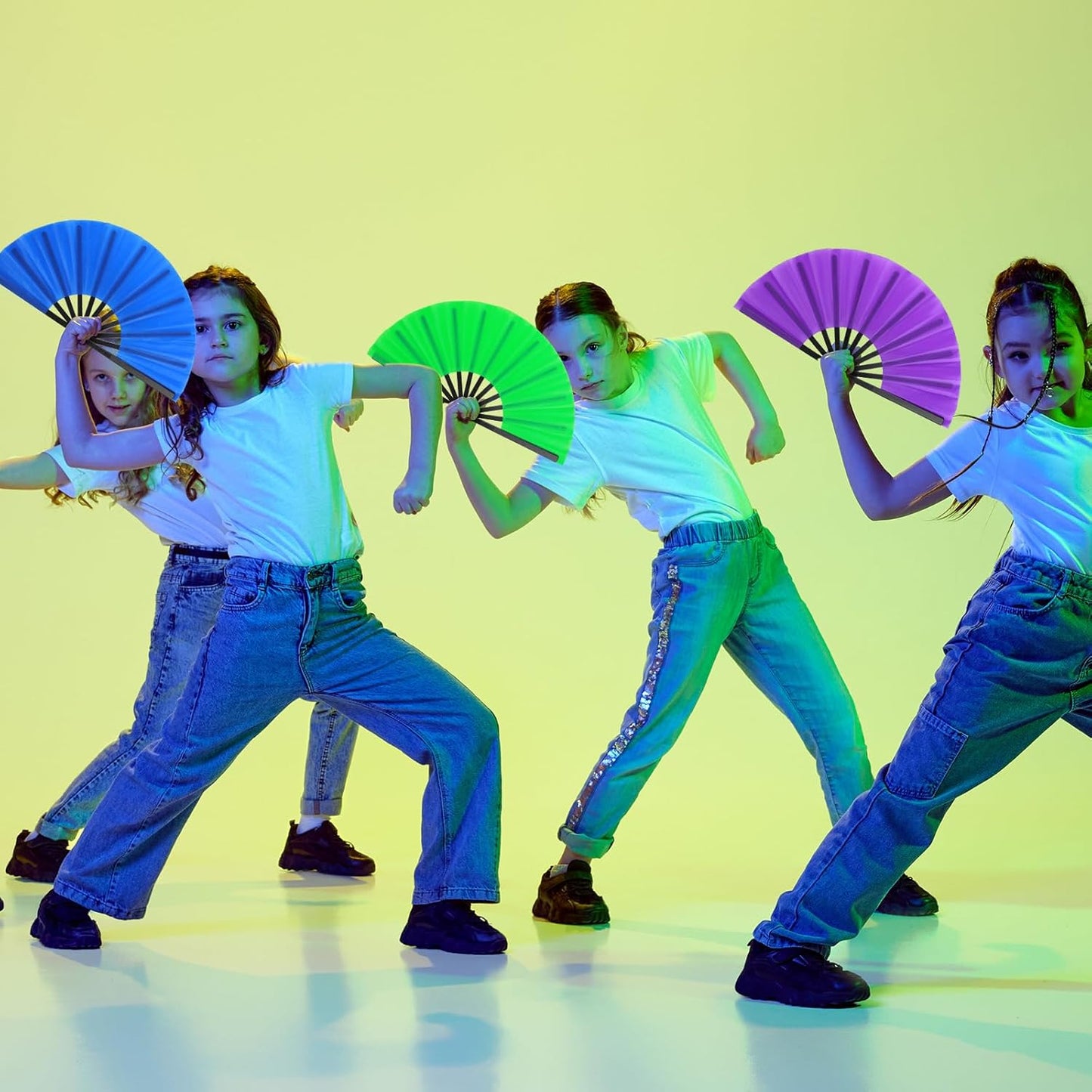 Blulu 4 Pcs 11 Inch Large Folding Hand Fans for Line Dancing Clapping Popping Rave Fans for Kids Women Men for Dancing Boots on The Ground Festival Party Decoration(Classic Style, Classic Color)