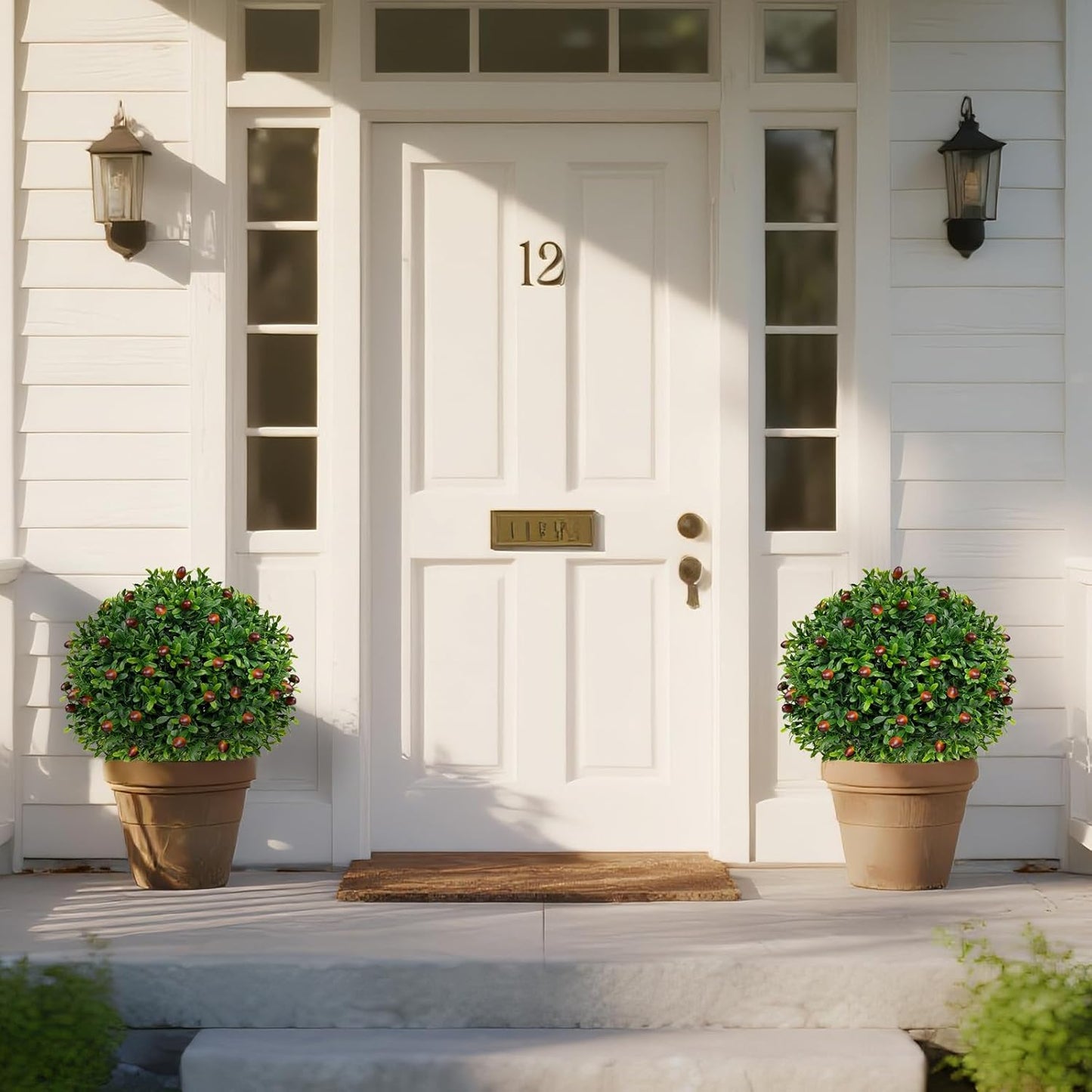 Artificial Olive Topiary Ball Trees with Ground Spike, Set of 2 UV Resistant Artificial Shrubs, Fake Evergreen Artificial Plant Bushes for Indoor Outdoor Front Porch Garden