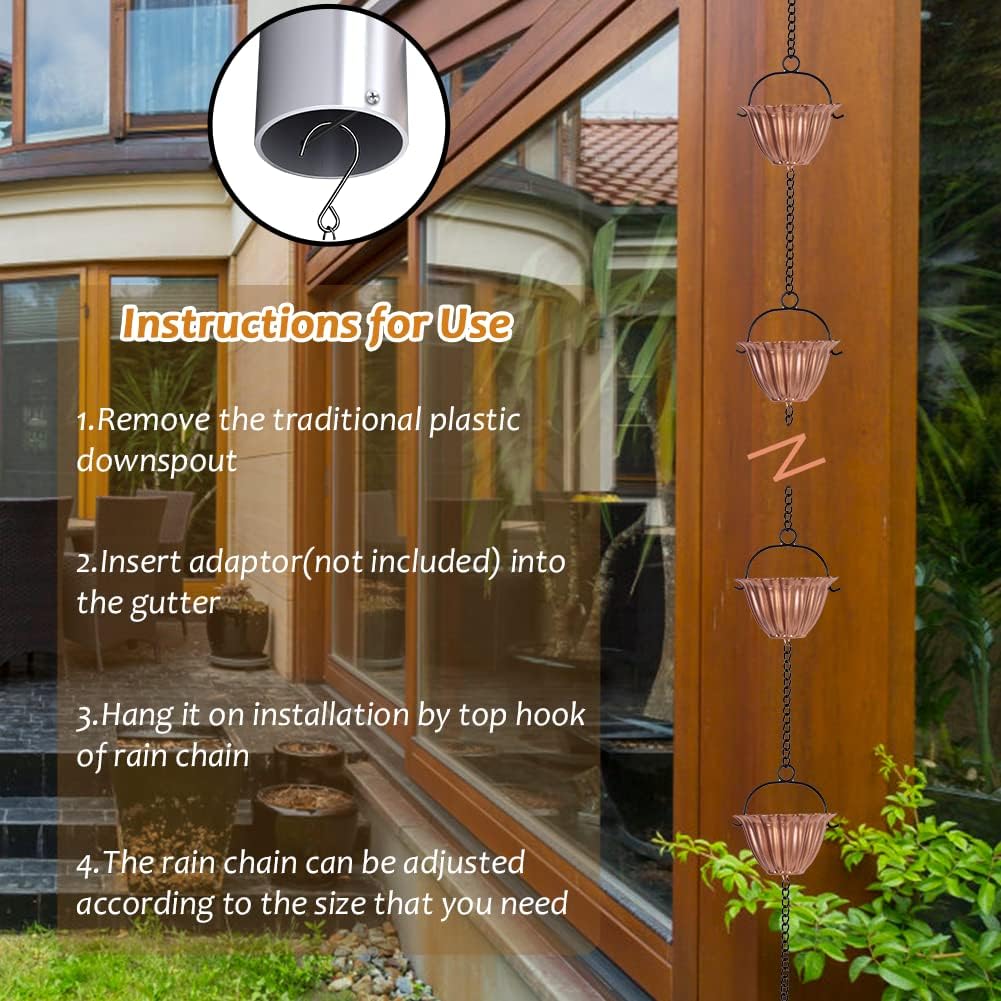 9 Ft Rain Chain, Thick Metal Rain Gutter Chains with 12 Gold Flower Cups, Adjustable Rain Catcher Chain for Eaves Drainage, Replacement for Downspout, Outdoor Decor