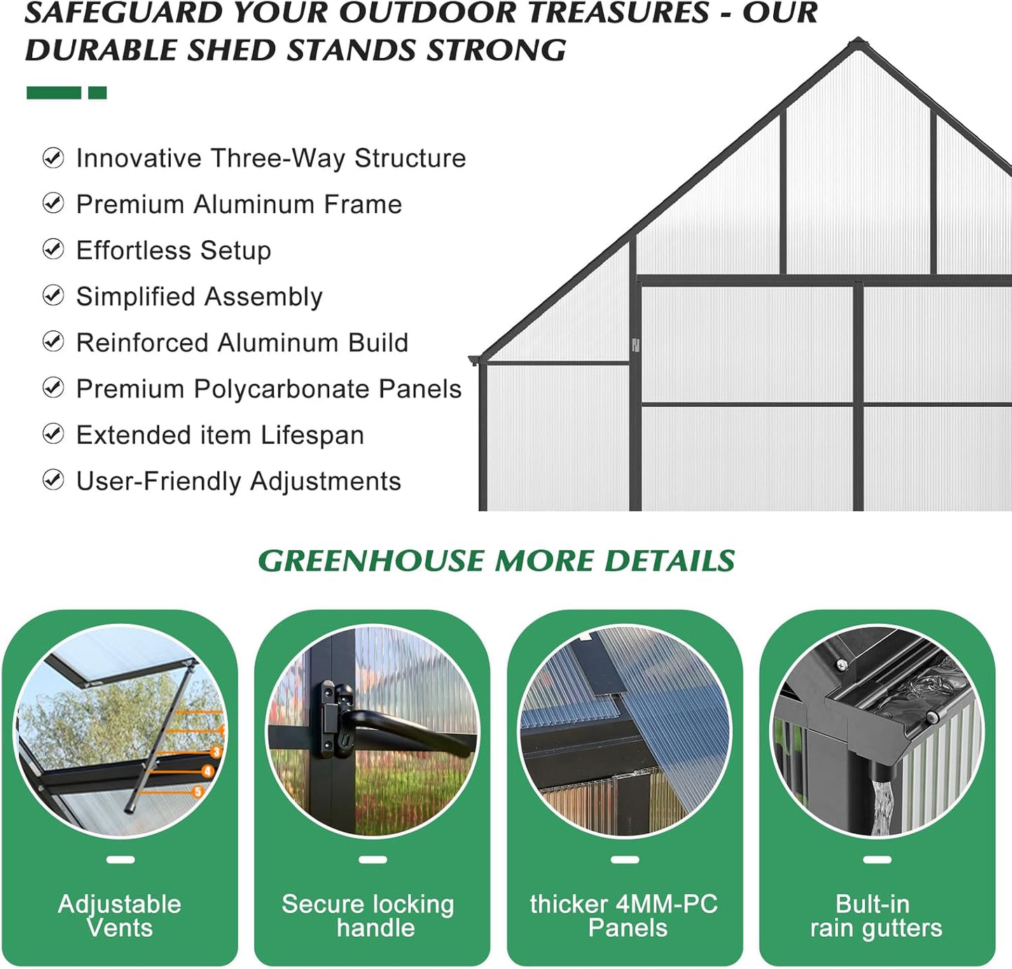 10'x10'x24' Snap-Together Greenhouse - Easy 3-Way Connectors, Heavy-Duty Aluminum Frame, Wind/Snow Resistant for Gardening/Urban Farming, Includes Sliding Door & Ventilation Windows