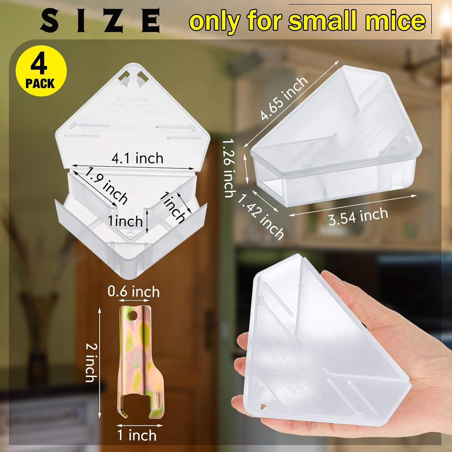 Qualirey 4 Pcs Mice Station with Key Triangle Bait Station Reusable Rodent Trap Bait Box, Keeps Children and Pets Safe Indoor & Outdoor, Bait Not Included, Suitable for Small Mice (Translucent)