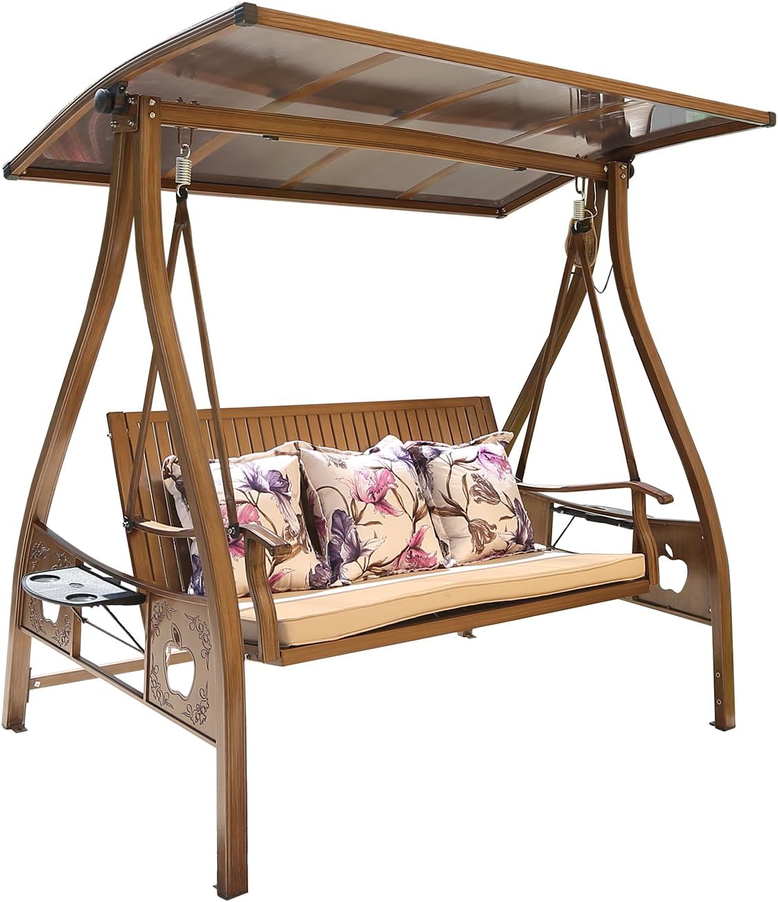 2/3-Seat Outdoor Patio Porch Swing with Adjustable Aluminum Alloy Canopy Solar Patio Swing Chair Bench with Footrest Side Cup Holder for Backyard Lawn (Elite Wood Grain-3 Seat)