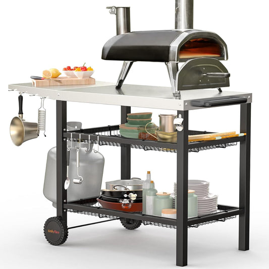 only fire Pizza Oven Table Cart for Ooni, Ninja Woodfire, Blackstone Griddle, Cuisinart Pizza Oven, Outdoor Stainless Steel Food Prep Table Movable Food Prep Cart Grill Stand with Storage Basket