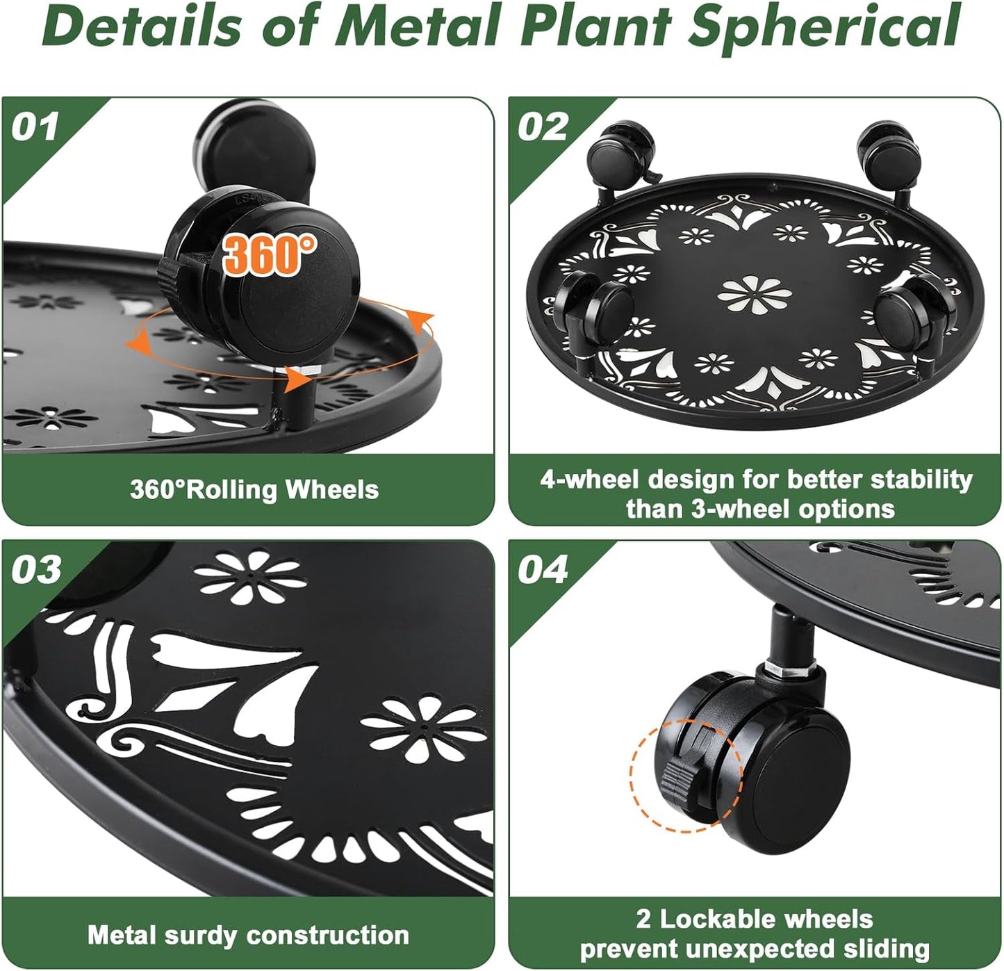 2 Pack Rolling Plant Caddy with Wheels 12 Inch, Plant Rollers with Wheels Metal Plant Caddy with Wheels Heavy Duty Plant Stand for Large Plants, Matte Black Rolling Planter Base, 4 Wheels for Planters