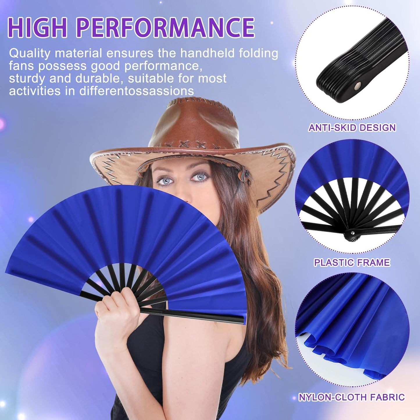 Blulu 4 Pcs 13 Inch Large Folding Hand Fans for Line Dancing Big Clapping Popping Raves Fans Bulk for Dancing Boots on The Ground Festival Party Decoration(Classic Style, Black, Purple, Pink, Blue)