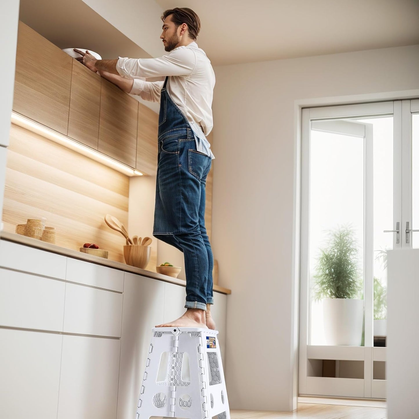 ACKO Folding Step Stool Foldable 17.5 Inch 400 lbs Capacity, Plastic Stools for Adults and Kids, Collapsible Stools for Kitchen, Stepping Stool with Handle (White)