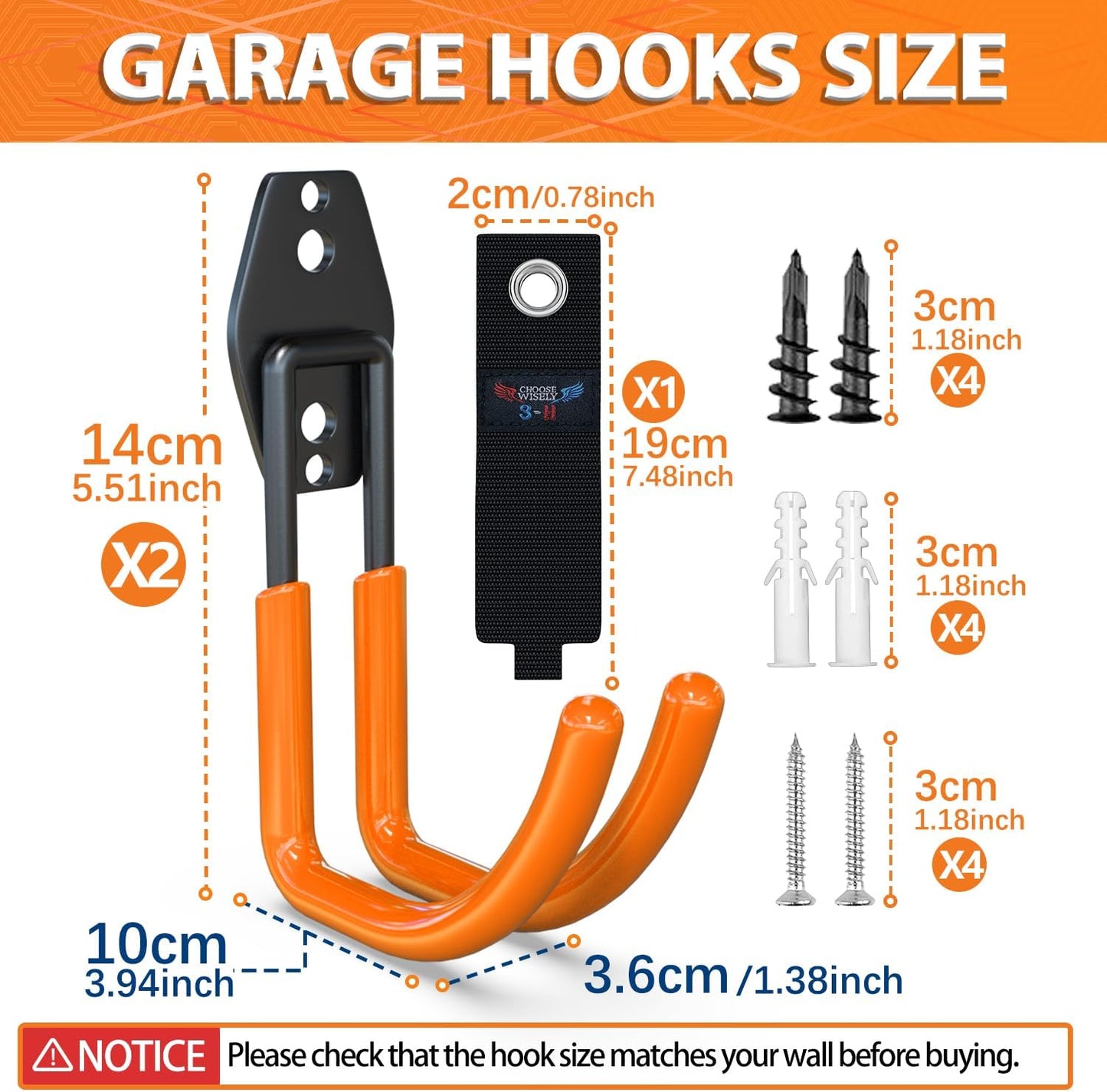 3-H Garden Hose Holder Wall Mount 2 Pack,Solid Steel Hose Hanger,Water Hose Holders for Outside,Perfect for Hanging Outdoor Air Hose,Ropes,Pipes,Garden Tools,Ladders,Bikes,Bulk Items(Orange)