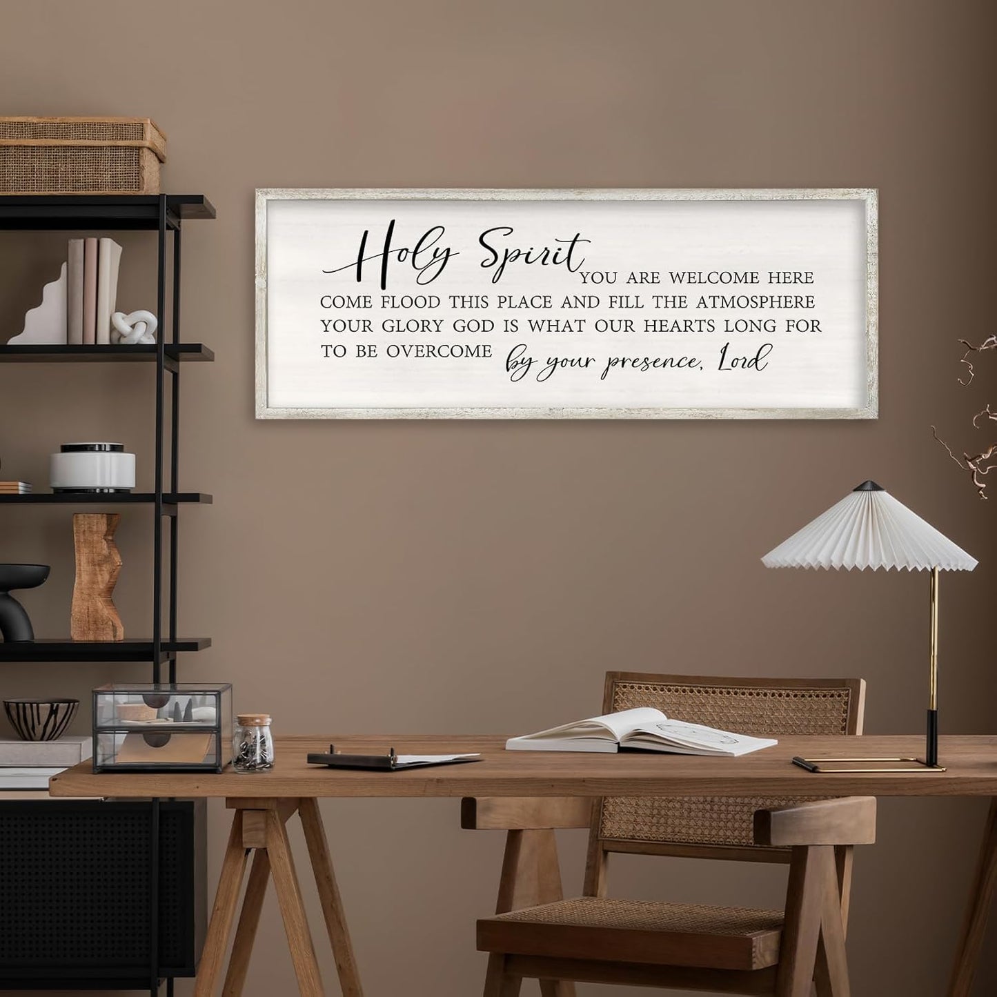 RLWangChao Christian Inspirational Wall Decor Holy Spirit You are Welcome Here Sign 32×12 Inch Bible Verse Plaque Religious Scripture Quote for Living Room Large Wood Framed Wall Hanging (White)