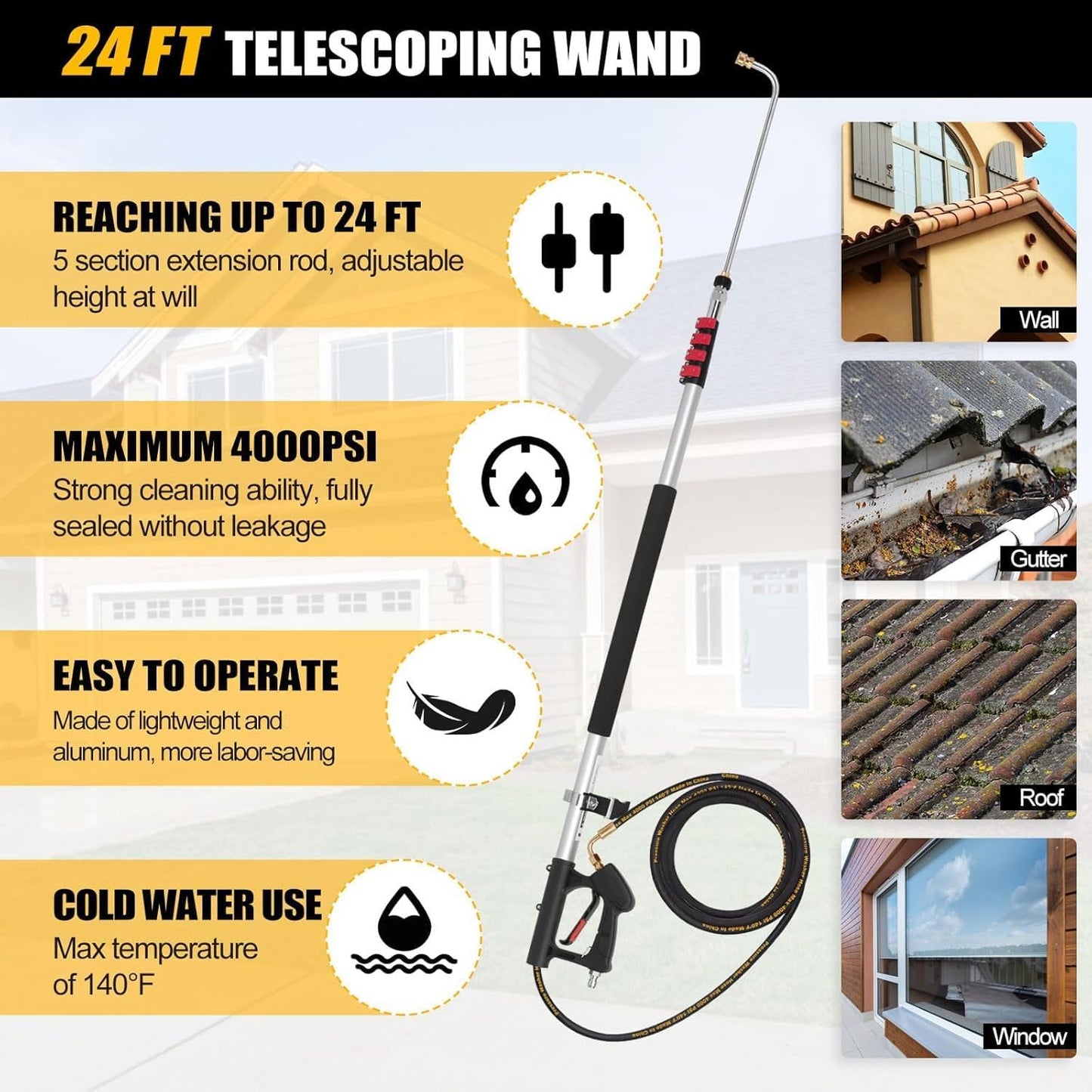 24 FT Telescoping Pressure Washer Wand with Power Washer Extension Wand, Gutter Cleaner Attachment, 4 Adapters, 7 Spray Nozzles & Support Belt Pressure Washer Extension Pole for Wall Roof Gutter