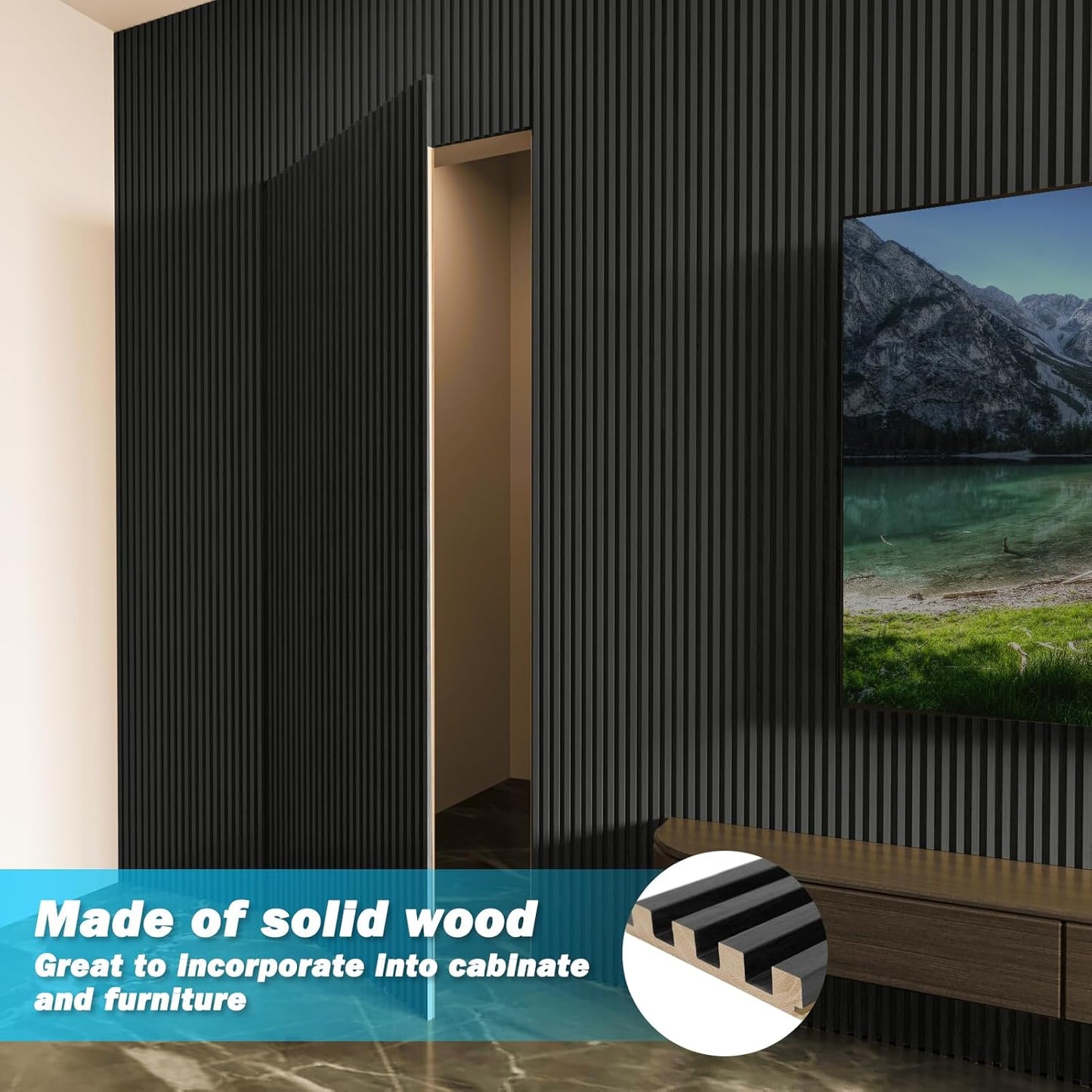 Art3d Slat Wood Wall Paneling for Interior and Ceiling Decoration - Pack of 4pcs + 1pc End-Trim, Size 108 x 5.7in.- Black