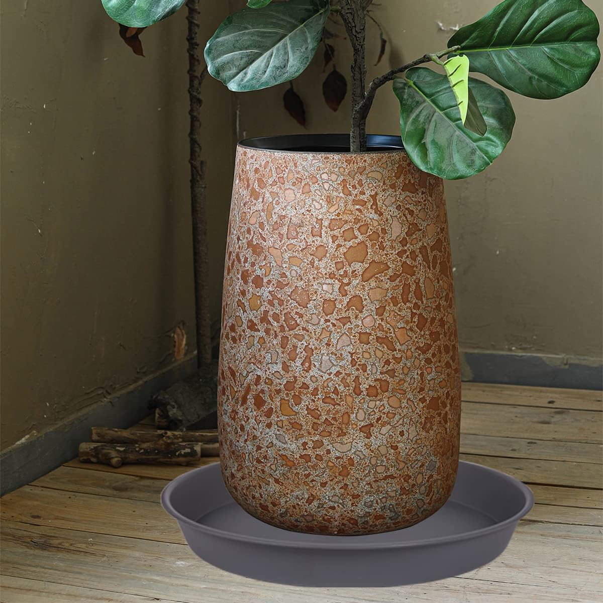 4 Pack of 16 17 inch Plant Saucer (15 inch Base), 2.3" Depth, Heavy Duty Deep Plant Trays for Pots, Plastic Plant Saucers for Indoors, Bird Bath Bowls, Drip Trays for Planter (17", Cement)