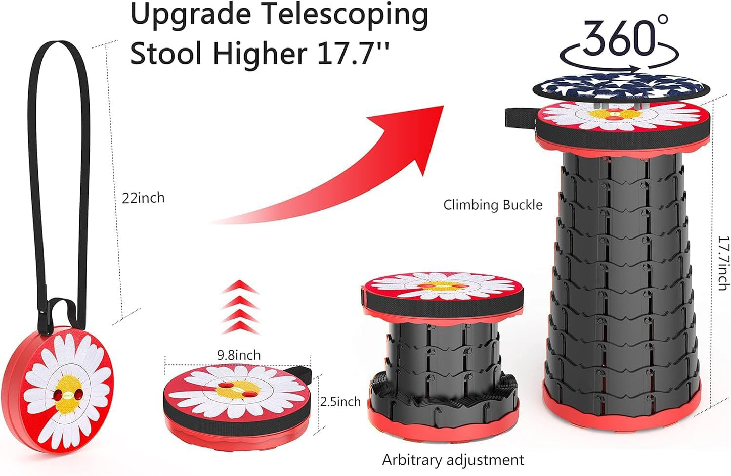 ALEVMOOM Upgraded Portable Collapsible Folding Stool with Cushion Retractable Telescoping Stool for Adults Sturdy Capacity 550lbs Camping Chair for Outdoor Hiking Garden BBQ with Bag