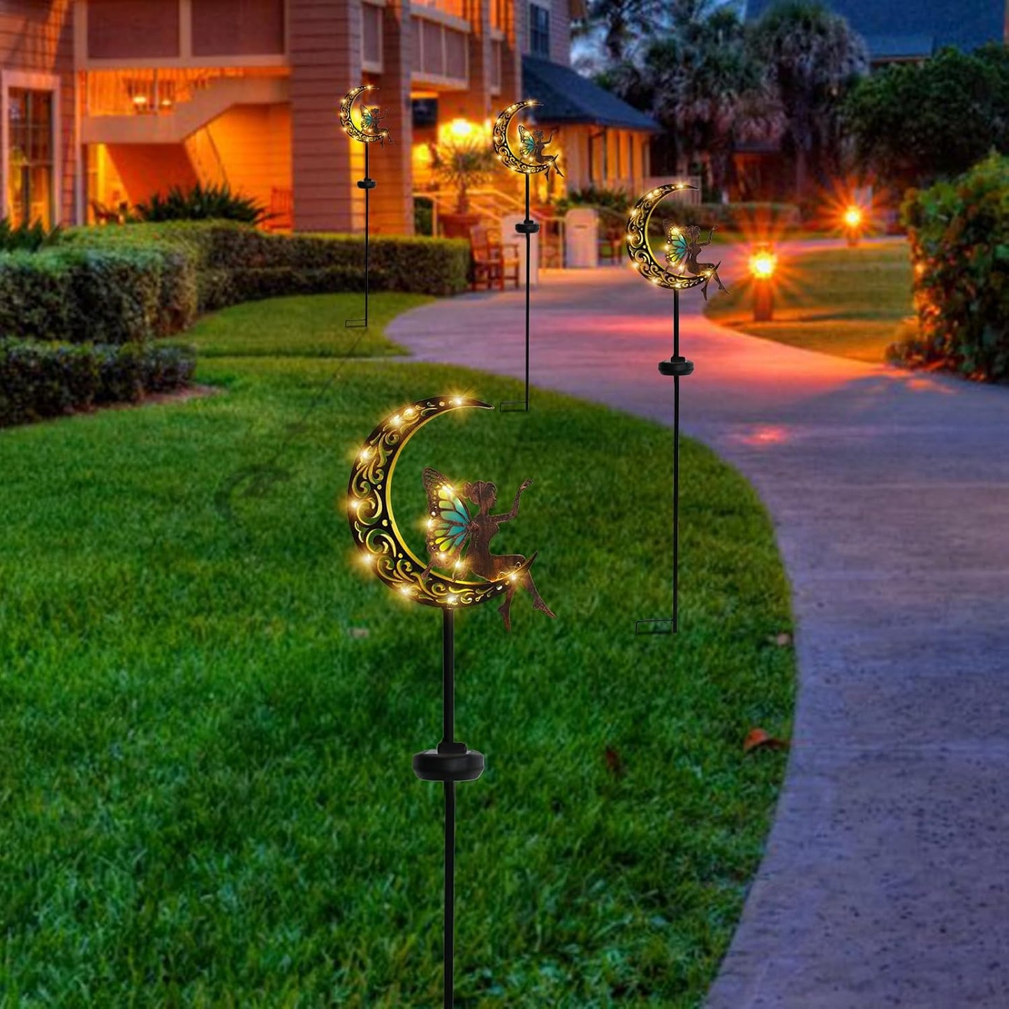 Bshine Moon Solar Light Outdoor Garden Decoration,2 Pack Moon Fairy Garden Statue Outdoor Decor,Metal Waterproof Light Stake for Patio, Path, Yard and Lawn Ornament, Housewarming Gift for Mom