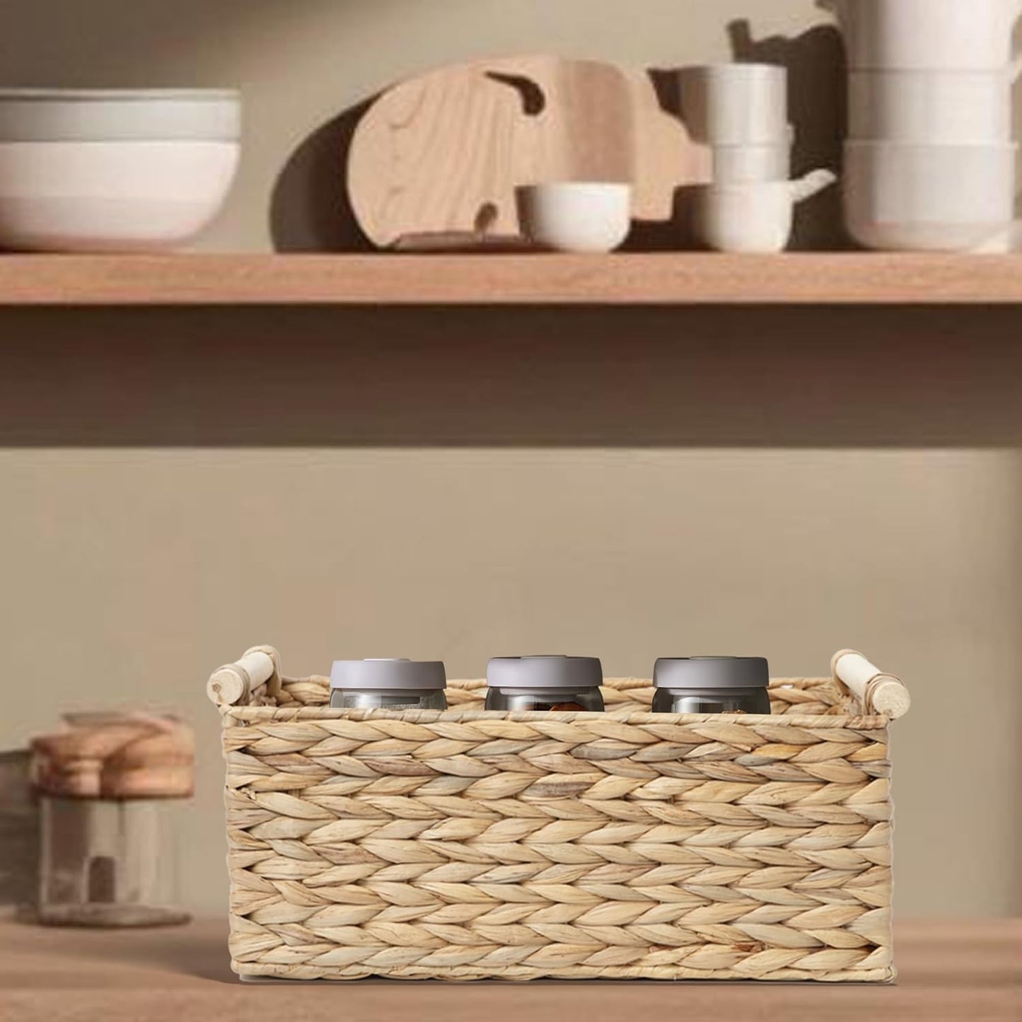 Handmade Water Hyacinth Woven Storage Baskets with Wooden Handles, Rectangle Rustic Organizer Set for Home Decor, Kitchen, Bedroom & Office (Large)