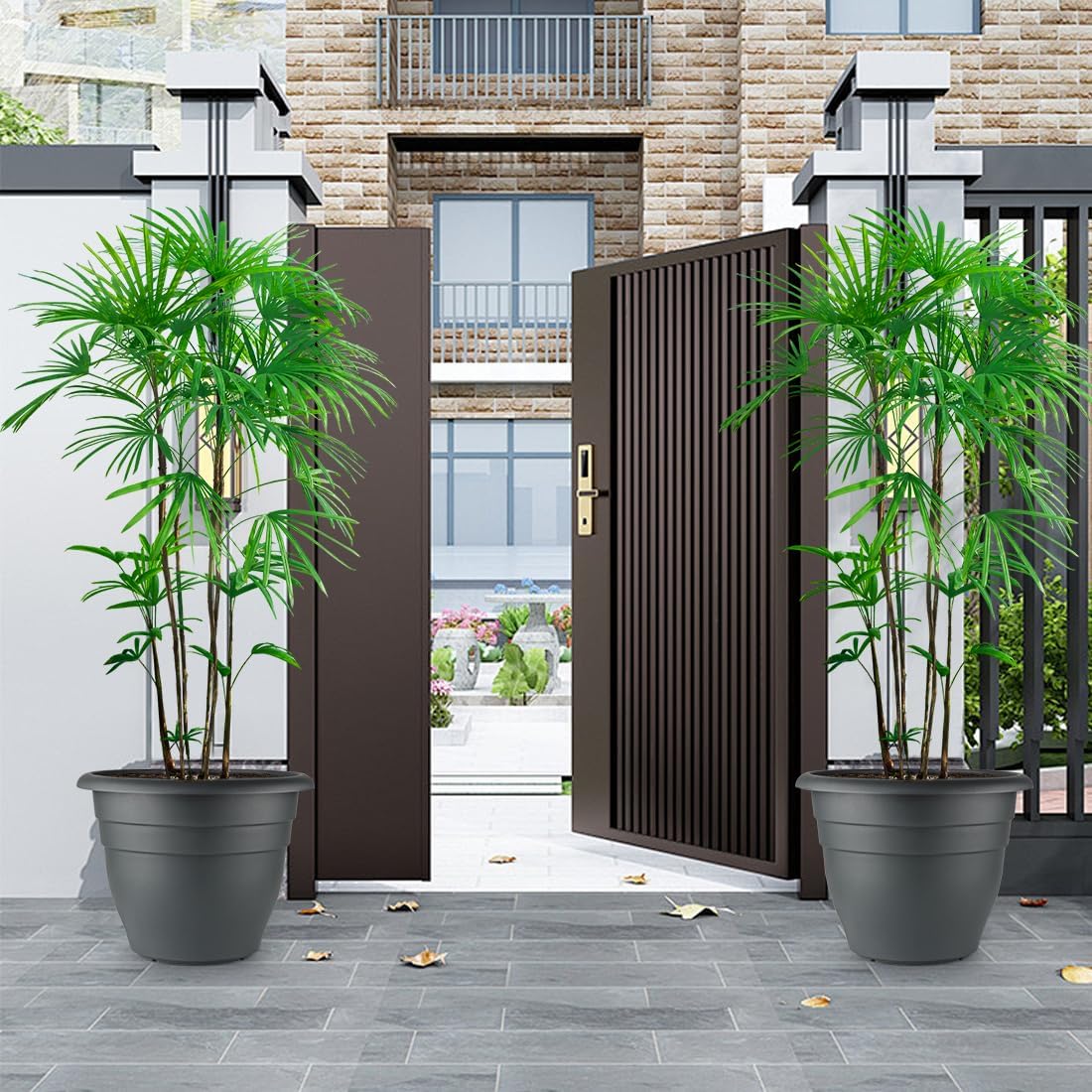 3-Pack Jumbo 15.7 Inch Planters with Rolling Saucers & Drainage – Large Flower Pots for Indoor/Outdoor, Heavy-Duty Moving Trays, Fits Tall Plants (Set of 3, Black)