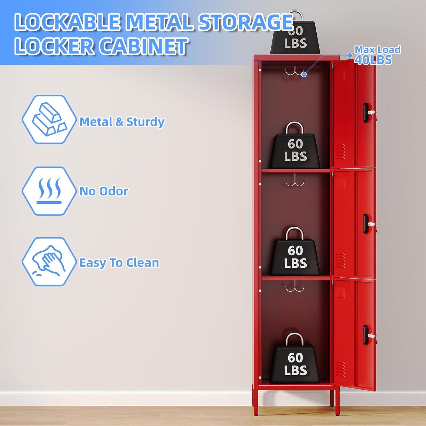 66" H*15.75" D*15.75" W Steel Storage Cabinet,3 Doors Metal Storage Locker for Employees,Employee Lockers with Lock,Hooks and Card Slot for School Gym Home Office, Assembly Required,Red,240 LBS