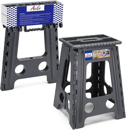 ACKO Folding Step Stool Foldable 17.5 Inch Stools for Adults and Kids,Plastic Stools Tall 400 lbs Capacity, Collapsible Stool for Kitchen, Stepping Foot Stool with Handle, Dot Grey,1 PC