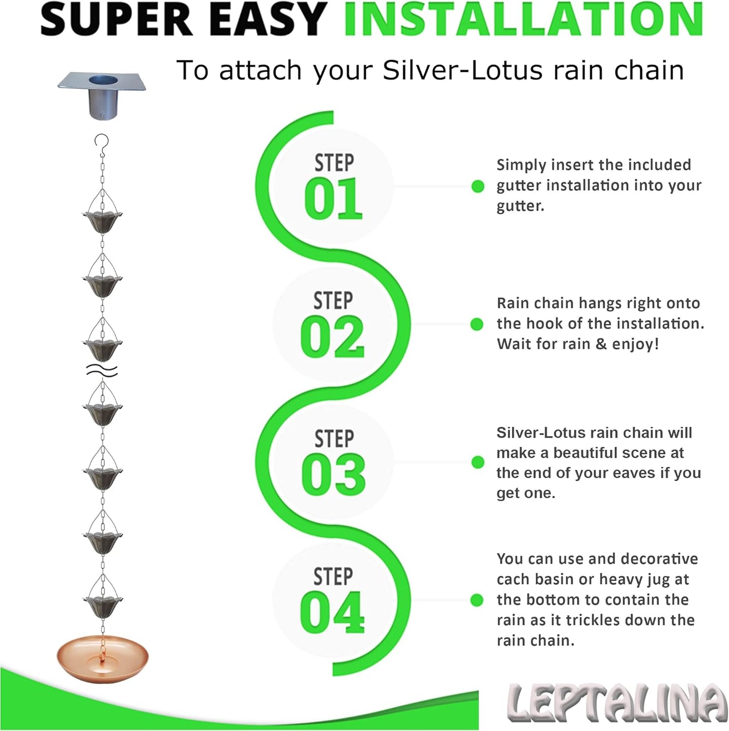 8.5FT Lotus Silver Color Iron Rain Chains for Gutter and Rain Barrel, Rust-Resistant Plated Garden Décor Rain Chain for Downspout, Bonus Rain Chain Gutter Adapter