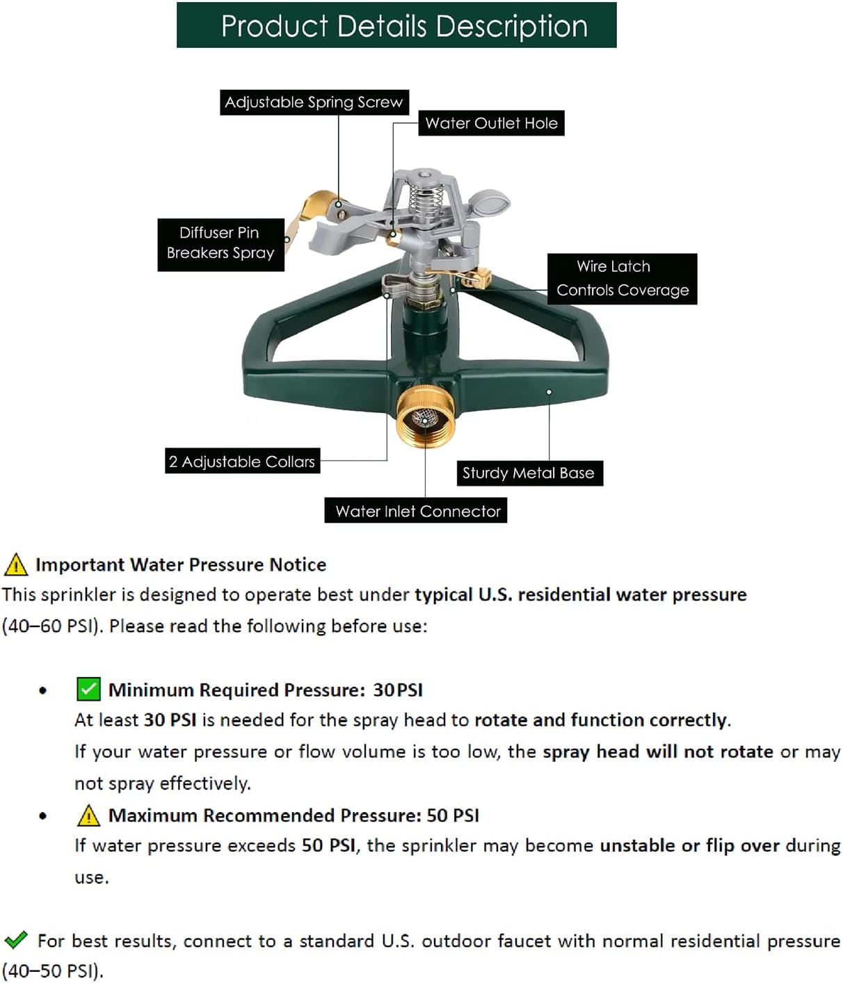 WEMADE Heavy Duty Metal Pulsating Sprinklers for Yard - 360 Degree Roating Automatic Water Sprinkler for Lawn with Metal Base, Impact Sprinklers for Large Area Covers Up to 85‘ Diameter