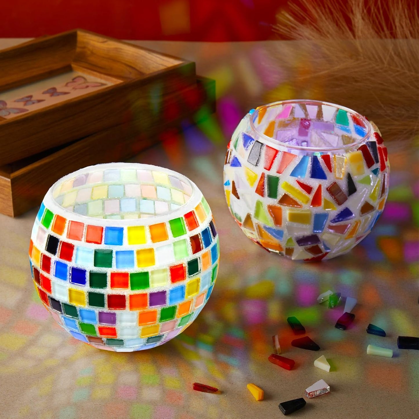 2 Set Glass Mosaic Candle Holder Kit Include Tea Light Holder, Glass Mosaic Tiles DIY Crafts Creativity Handmade Artwork for Adults Home Lighting Decor(Rainbow Theme)