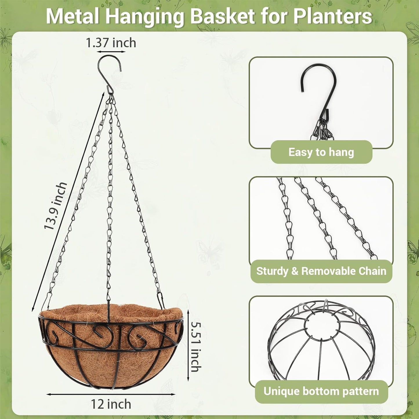 2 Pack 12 inch Metal Hanging Baskets for Plants Outdoor, Hanging Planters Basket with Coco Liners, Hanging Baskets Flower Pots for Garden, Patio, Deck, Porch Plants