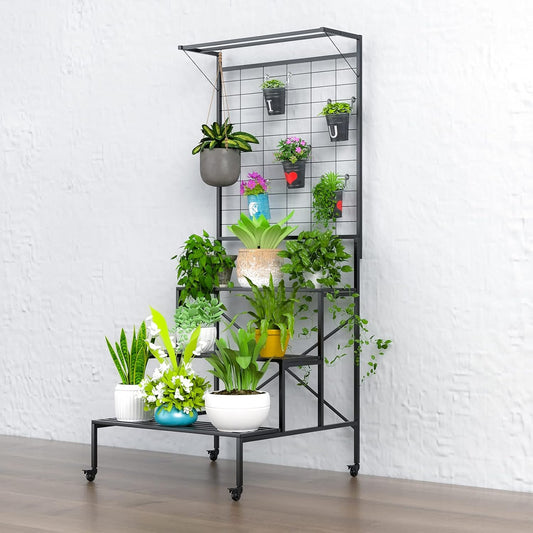 Zhongma 3 Tier Large Heavy Duty Plant Stand with wheels, Tall multi layer Plant Holder with Hanging Plant pot shelf, 35.43 x 33.27 x 80.7inch, Each Tier: 35.43 L x 10.5W, Easy to Hold Large Plant Pot