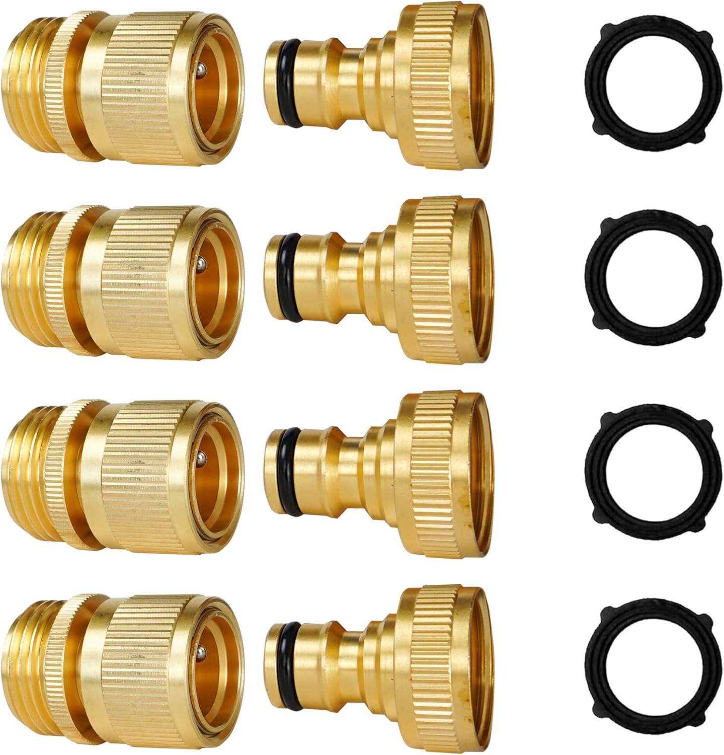 Hourleey Garden Hose Quick Connect, 4 Set Solid Brass 3/4 Inch GHT Thread Garden Hose Quick Connect Fittings, No-Leak Male and Female Water Hose Quick Release Connectors