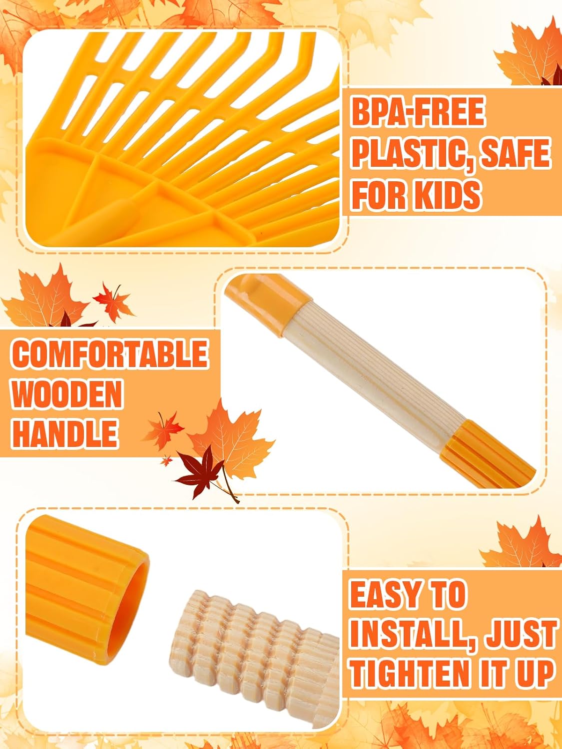 Acostop 2 Pcs Kids Rakes with Wood Handle - 34" Lightweight Plastic Garden Rake for Leaves, Safe to Use Kid Yard Tools for Boys Girls Fall Gardening Gifts (Yellow)