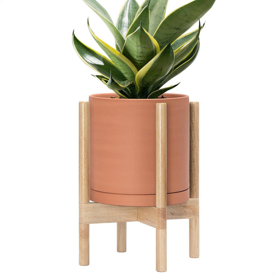 D'vine Dev Terracotta Planter with Natural Stand - 10 Inch Modern Round Flower Pot with Wood Planter Holder, Terracotta, 55-B-K-5